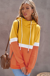 Color Block Cowl Neck Drawstring Hoodie - Shah S. Sahota